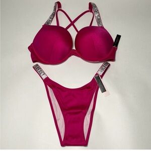 Victoria Secret 36D XS Bombshell Push Up Top Bikini Set Shine Strap Rose Set